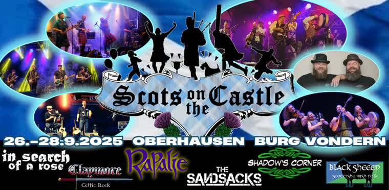 Fotocollage schottischer Bands und das Logo von Scots on the Castle auf der Burg Vondern Oberhausen
